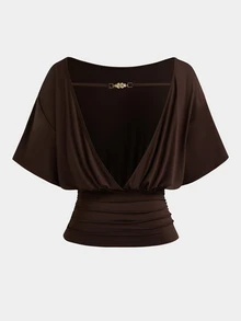 Sweetra Plus Size Early Autumn Backless Metal Detail T-Shirt And Long Pants Casual 2 Pieces Set - Coffee Brown - View 3