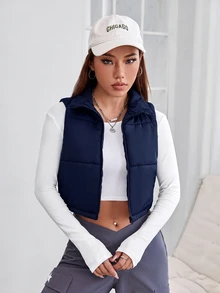 SHEIN PETITE 秋冬款拉鍊短版填充背心外套 - 藏蓝色 - 查看 4