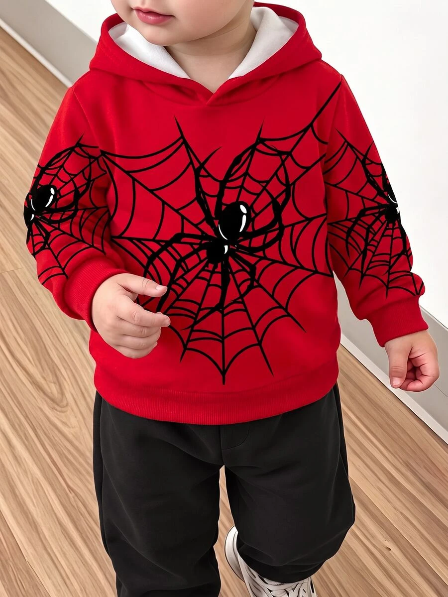 Young Boy Hooded Long Sleeve Sweatshirt, Classic Handsome Spider Graphic Print, Suitable For Autumn/Winter - Multicolor - View 1