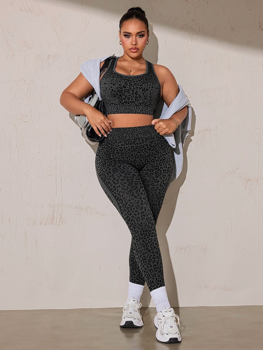 SHEIN Rhythm Era Plus Size Women Seamless Leopard Print Sports Bra And Leggings Set - Dark Grey - View 1