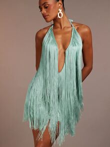 Hauture Women's Sexy Hanging Tassels Fringe Plunge Halter Neck Backless Mini Dress - Mint Blue - View 1