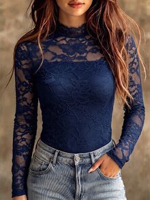 SHEIN 女款法式優雅蕾絲長袖T恤 - 寶藍色 - 查看 1
