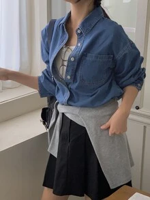 DAZY 淺洗藍色領口口袋寬鬆長袖牛仔上衣，春/夏/秋 - 藍色 - 查看 6