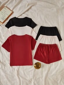 Snug Zone Letter Print Casual Pullover Short Sleeve & Shorts Set, 3-Color Combination - Multicolor - View 2