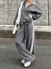 FRIFUL Setelan 2 Potong Wanita: Sweatshirt Lengan Panjang Berkerudung Berpayet dan Celana Patchwork Renda untuk Musim Gugur - Grey - View 4