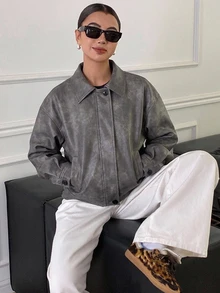 DAZY 秋冬新款女款寬鬆休閒加厚PU常規外套夾克 - 深灰色 - 查看 5