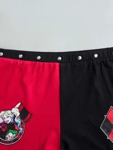 Harley Quinn X SHEIN Women's Cartoon Print Camisole Top And Rivet Contrast Color Shorts 2 Pieces Set - Black - View 7