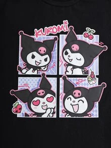 HELLO KITTY AND FRIENDS | SHEIN تي شيرت كاجوال يومي بأكمام قصيرة بطبعة حروف كرتونية للبنات المراهقات - الأسود - مشاهدة 3