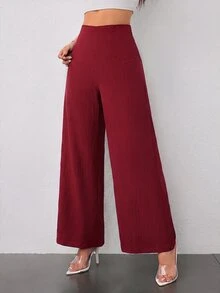 SHEIN PETITE 女款極簡休閒時尚返校季老錢風通勤高腰紋理寬腿褲 - 酒紅色 - 查看 5