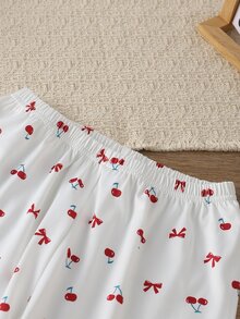 Tween Girl Cherry Bow Print Long Sleeve Long Pants Trim Cardigan Pajama Set Loungewear - Multicolor - View 7