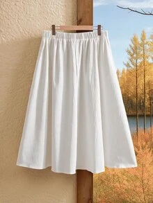 Rusticease Plus Size Women's Solid Color Pleated Casual Versatile Daily Wear Skirt - White - View 2
