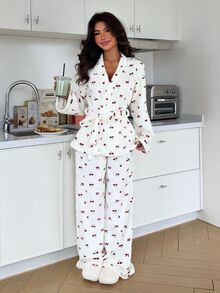 ZzzCrew Women's Cherry Bow Print Open Front Adjustable Waist Soft Flannel Pajama Set, Comfortable Skin-Friendly Medium-Thick Cute Casual Loungewear For Home And Outdoor Wear, Autumn/Winter - Red and White - View 1