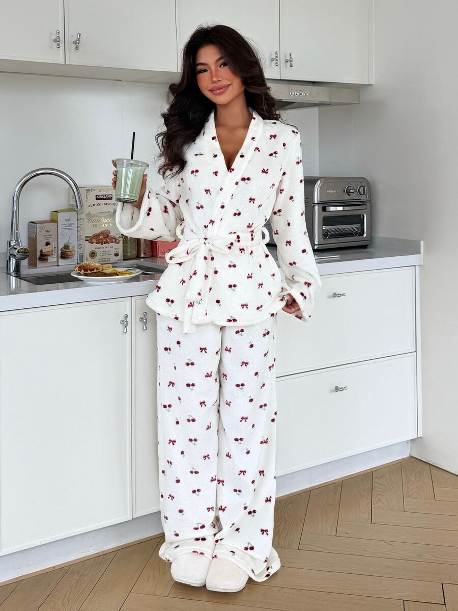 ZzzCrew Women's Cherry Bow Print Open Front Adjustable Waist Soft Flannel Pajama Set, Comfortable Skin-Friendly Medium-Thick Cute Casual Loungewear For Home And Outdoor Wear, Autumn/Winter - Red and White - View 1