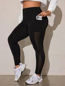 Easithlete Plus Size Striped Patchwork Yoga Sports Leggings - Black - View 1