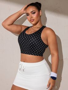 SHEIN Rhythm Era Bra Olahraga Ukuran Plus dengan Desain Leher U dan Bagian Belakang Berlubang Silang - Hitam - View 3