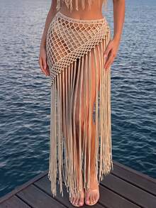 Swim SXY Women's Solid Color Tassel Design Hollow Out Casual Vacation Cover Up Skirt - Apricot - View 1