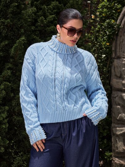 VOLUPTÉ CURVE Plus Size Women's Fall/Winter Blue Top Collared Hollow Sleeve Pullover Sweater,Elegant Casual Vacation Business Wedding Guest Outfit