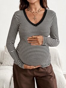 SHEIN 孕婦秋季休閒條紋修身長袖T恤 - 黑與白 - 查看 9