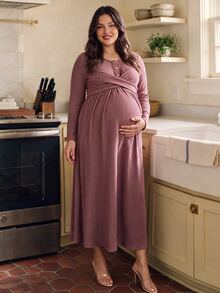 SHEIN Plus Size Long Sleeve Maternity Dress In Dusty Pink, Fuzzy Ribbed Knit, Comfortable Casual Style With Front Buttons, Nursing Friendly, Autumn/Winter - Dusty Pink - View 6