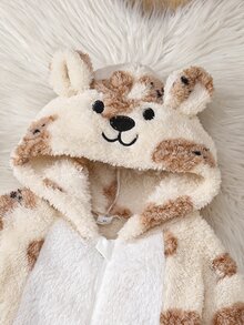 Autumn/Winter Thermal Lined Double-Sided Plush Young Boy Jumpsuit, Cute Bear Print With Hat, Bear Embroidery Zipper Long Sleeve Long Hooded Jumpsuit Set, Loungewear - Multicolor - View 5