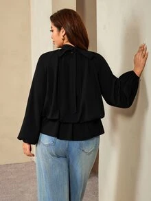Auralis Coffee Brown Raglan Long Sleeve Plus Size Loose Waist Elastic Ruffle Hem Pullover Blouse/Casual Top Fall - Black - View 2