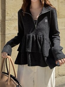 FRIFUL Women's Fashion Zipper Half-Placket Ruffle Hem Sweatshirt Fall - Grey - View 2