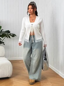 SHEIN EZwear Plus Size Women's Solid Color Contrast Lace Cuff Front Tie Jacket - White - View 3