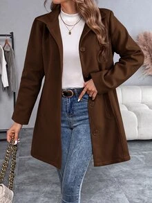 SHEIN 女款優雅休閒長袖黑色大衣 - 棕色 - 查看 5