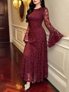 Feyla Women's Round Neck Flare Sleeve Elegant Lace Dress - Red - View 3