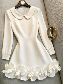 SHEIN Franclia Elegant Daily Commute & Date Peter Pan Collar Petal Sleeve Ruffle Hem Women's Short Dress - Apricot - View 1