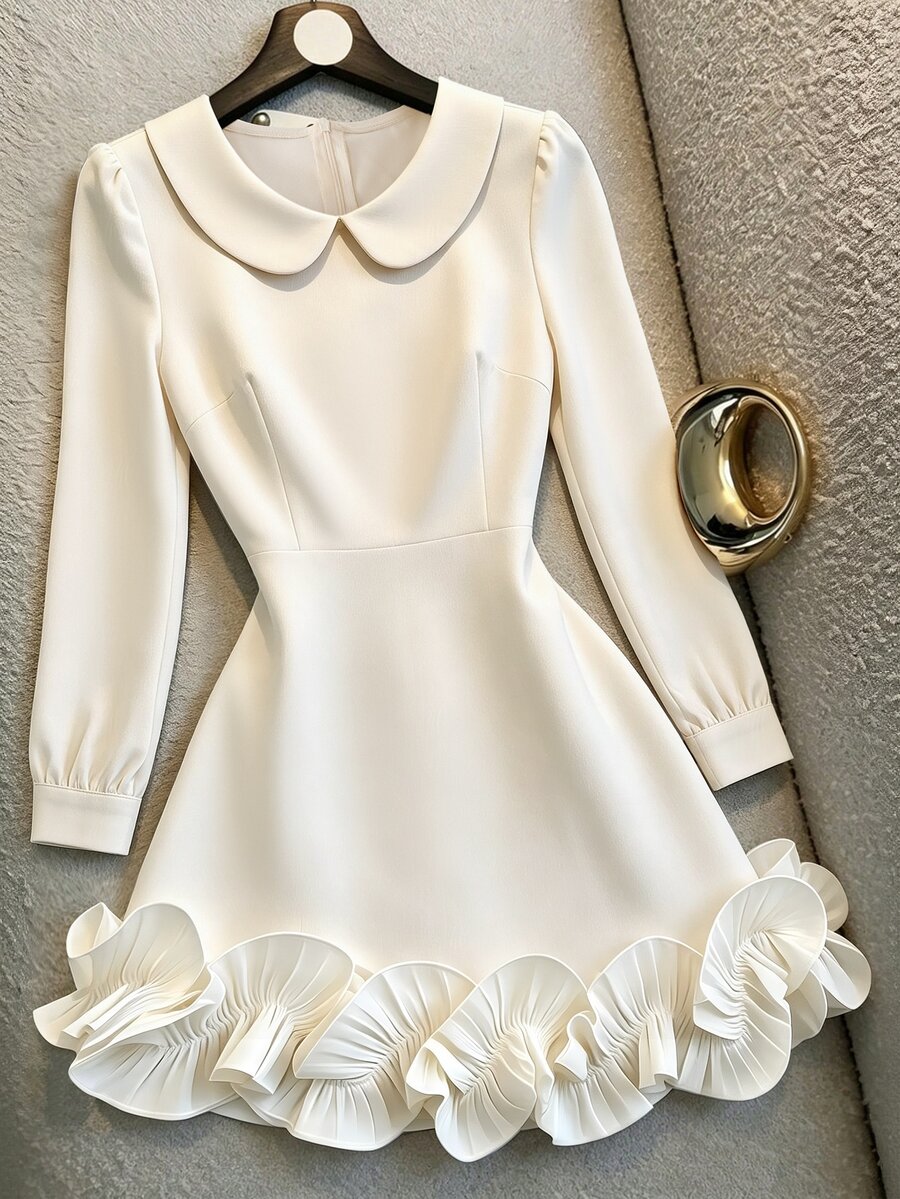 SHEIN Franclia Elegant Daily Commute & Date Peter Pan Collar Petal Sleeve Ruffle Hem Women's Short Dress - Apricot - View 1