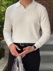 DAZY 春秋款長袖白色針織 Polo 領韓系通勤男士毛衣 - 白色 - 查看 3