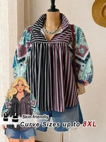 SHEIN CURVE+ 大尺碼女款條紋休閒七分袖襯衫 - 彩色 - 查看 1