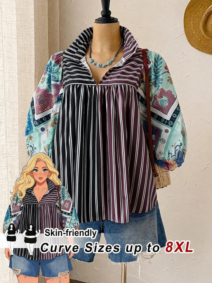 SHEIN CURVE+ 大尺碼女款條紋休閒七分袖襯衫 - 彩色 - 查看 1