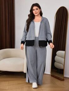 Lacomfia Women's Casual Retro Hooded Colorblock Loose Daily Home Jacket With Versatile Wide Leg Pants Plus Size 2 Pieces Set - Grey - View 3