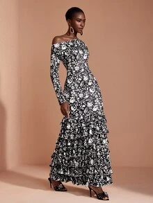 JIAN LASALA Gaun Panjang Rajut Satu Bahu Model Batwing Lengan Panjang dengan Detail Kerut dan Beberapa Lapisan, Elegan untuk Liburan. - MultiWarna - View 3