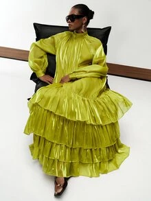 Aveloria Modichic Autumn/Winter Light Green Satin-Like Fabric Stand Collar Robe-Style Layered Ruffle Hem Long Sleeve Women's Extra Long Dress Elegant Party Dinner - Green - View 2