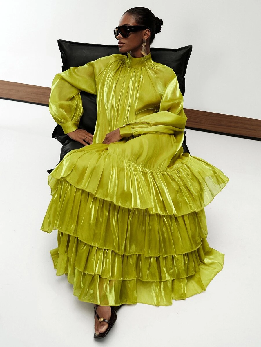 Aveloria Modichic Autumn/Winter Light Green Satin-Like Fabric Stand Collar Robe-Style Layered Ruffle Hem Long Sleeve Women's Extra Long Dress Elegant Party Dinner