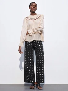 SHEIN ICON 女款水鑽時尚休閒牛仔褲，休閒百搭派對牛仔褲，鑽石水晶牛仔褲，派對牛仔褲，約會，可愛，優雅，秋冬，約會 - 黑色 - 查看 4