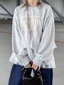 FRIFUL Women's Autumn Casual Mesh Patchwork Slogan Print T-Shirt - Grey - View 7