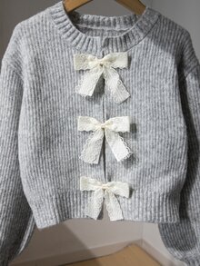 SHEIN 女童淺灰色圓領針織開襟衫，3D蕾絲蝴蝶結設計，短燈籠袖毛衣外套，寬鬆版型，秋冬外套上衣 - 灰色 - 查看 6