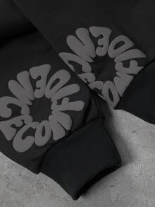 Manfinity Homme 男士大尺碼字母壓紋長袖休閒連帽衛衣 - 黑色 - 查看 5