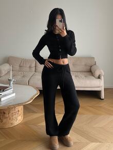 Autumina Women's Sexy Fashion 2 Pieces Set Cute Casual Versatile Cardigan Loose Fit Daily Commute Sweater Pants - Black - View 6