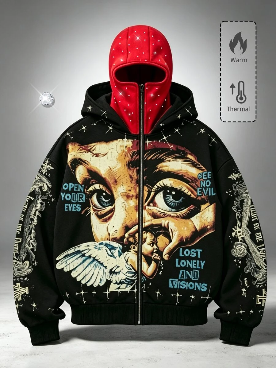 ROMWE MEN Goth Men's Cool Dark Style Zip-Up Hoodie - Black - View 1