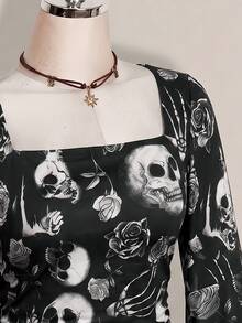 SHEIN ICON 大尺碼女款萬聖節骷髏印花深色哥德風上衣 - 彩色 - 查看 6