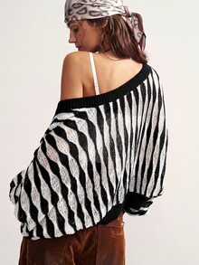 Bohemela Women's Vintage Street Style Colorblock Hollow Knit Cardigan - Black and White - View 2