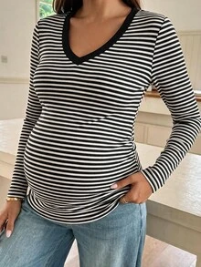 SHEIN 孕婦秋季休閒條紋修身長袖T恤 - 黑與白 - 查看 3