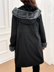 SHEIN Maternity Solid Color Long Sleeve Patchwork Faux Fur Drawstring Waist Hooded Jacket - Multicolor - View 7