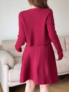 Feyla Women's Solid Color Long Sleeve Single-Breasted Knit Cardigan And Camisole Knit Dress Set - Burgundy - View 2