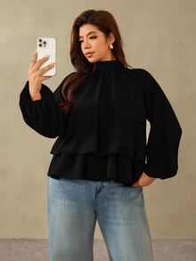 Auralis Coffee Brown Raglan Long Sleeve Plus Size Loose Waist Elastic Ruffle Hem Pullover Blouse/Casual Top Fall - Black - View 5